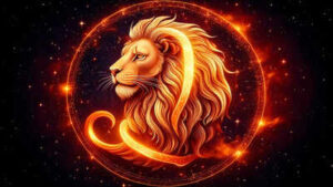 firefly the leo zodiac symbol glowing in molten gold and fiery red surrounded by swirling flam 1