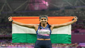 hangzhou india39s ancy sojan edappilly celebrates after winning the silver medal