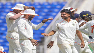 nagpur vidarbha39s harsh dubey with teammates celebrates after taking the wicket