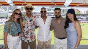 virat kohli anushka sharma cheer for team india at womens t20 world cup clash pose with ravi shastri and shikhar dhawan at lords
