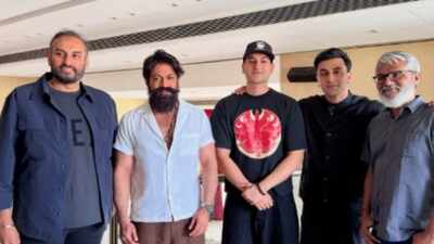 ranbir kapoor yash pose with rishab rikhiram sharma ahead of 39ramayana39 event trailer to release on july 24