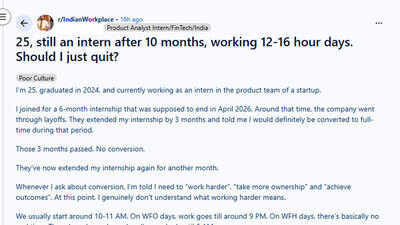 worked 16 hour days as an intern still no full time job reddit post sparks startup work culture debate