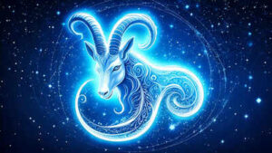 firefly a mystical capricorn zodiac symbol glowing in icy blue and white styled with a wave like c 1